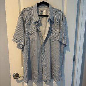 H Bar C Vintage Western Snap Button Shirt Short Sleeve Blue & White Striped